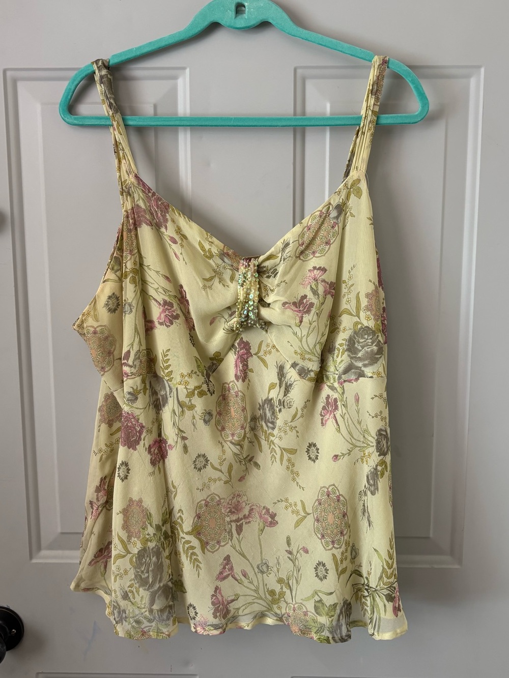 100% Silk Avenue Floral Camisole in Pale Yellow with Pink & Green Accents